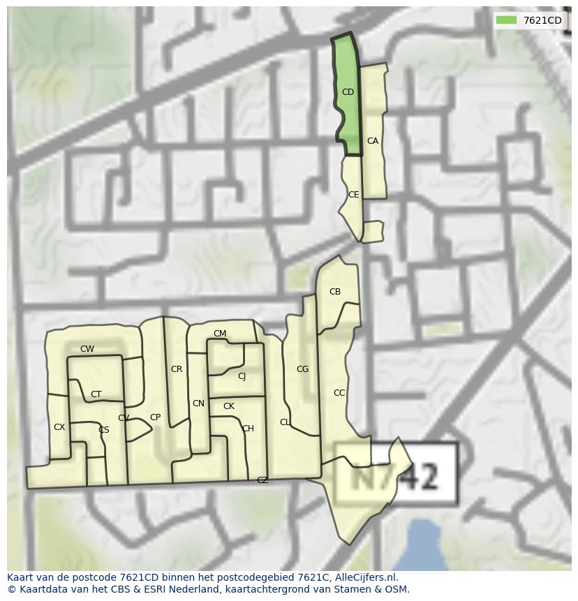 Afbeelding van het postcodegebied 7621 CD op de kaart.