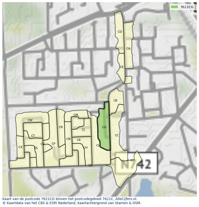 Afbeelding van het postcodegebied 7621 CG op de kaart.