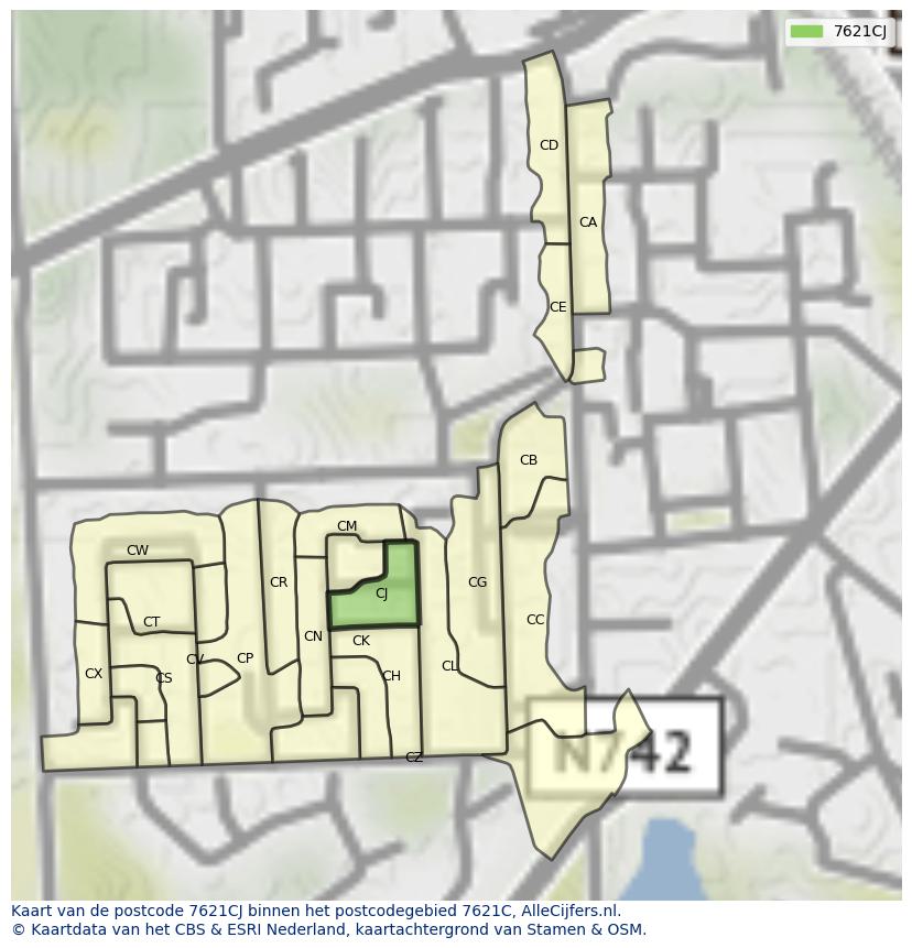 Afbeelding van het postcodegebied 7621 CJ op de kaart.