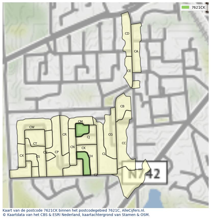 Afbeelding van het postcodegebied 7621 CK op de kaart.