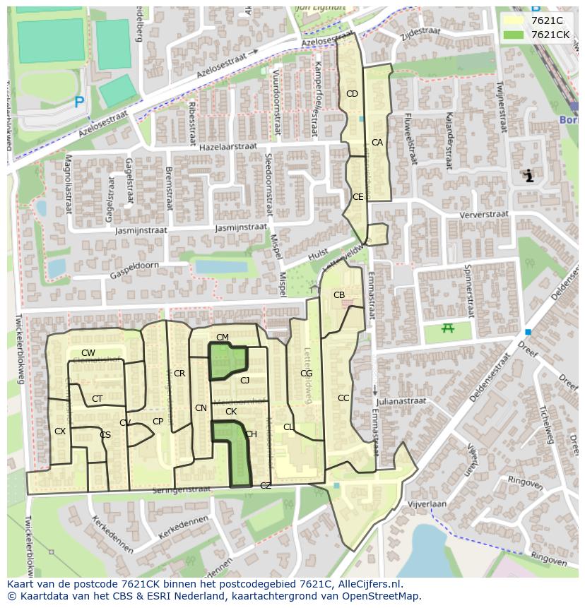 Afbeelding van het postcodegebied 7621 CK op de kaart.