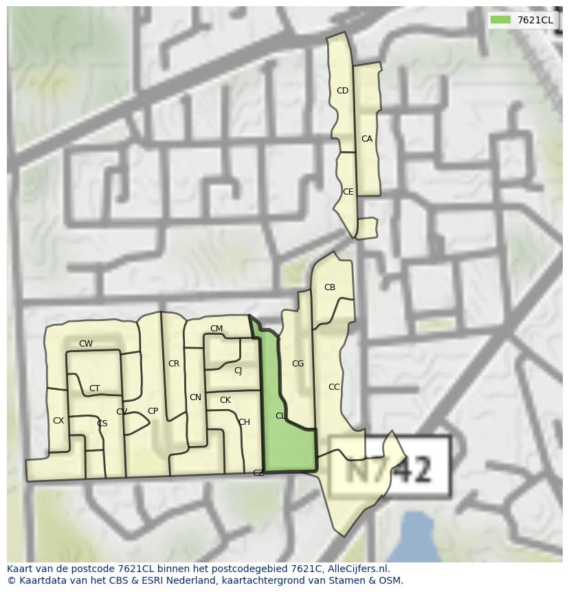Afbeelding van het postcodegebied 7621 CL op de kaart.