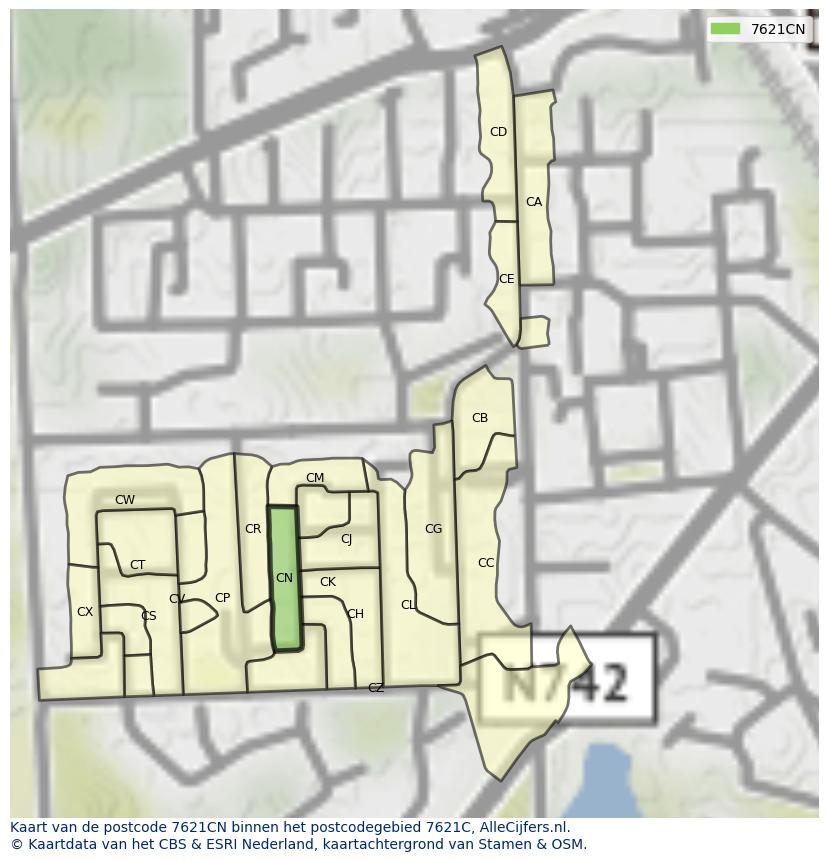 Afbeelding van het postcodegebied 7621 CN op de kaart.