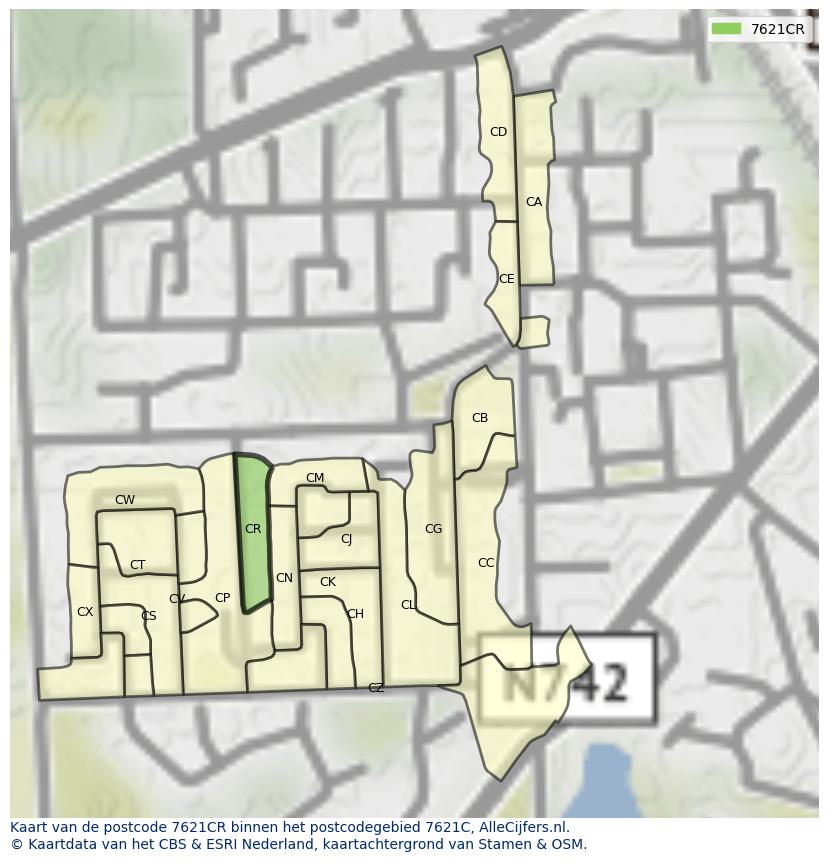 Afbeelding van het postcodegebied 7621 CR op de kaart.