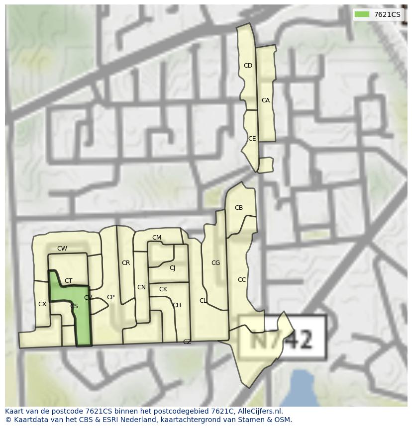 Afbeelding van het postcodegebied 7621 CS op de kaart.