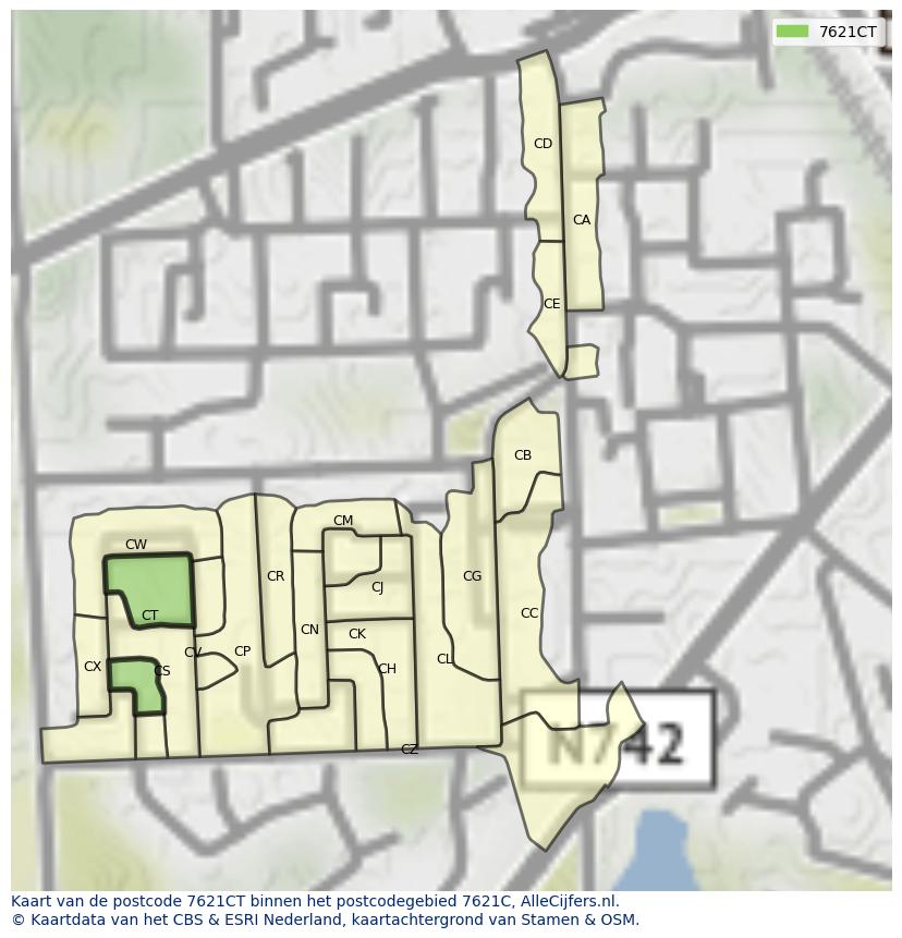 Afbeelding van het postcodegebied 7621 CT op de kaart.
