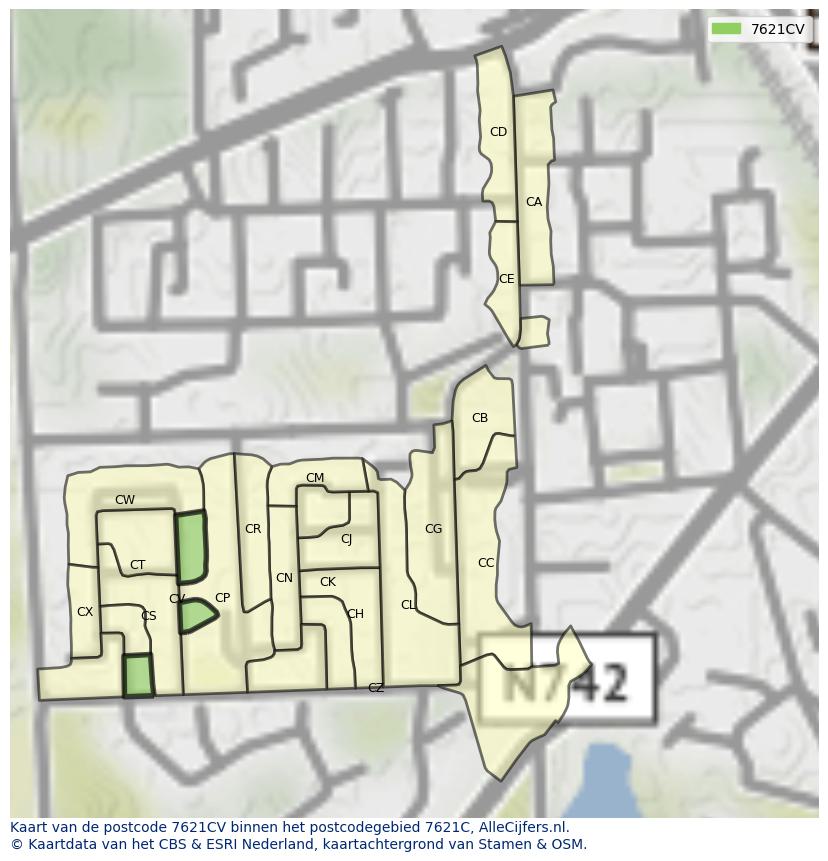 Afbeelding van het postcodegebied 7621 CV op de kaart.