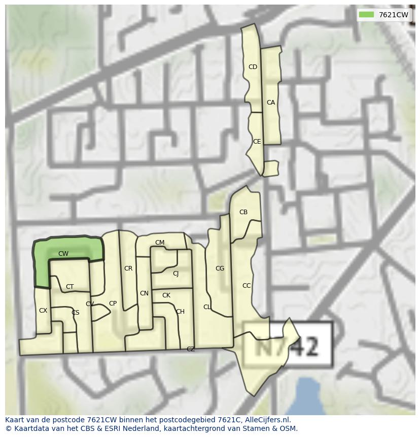 Afbeelding van het postcodegebied 7621 CW op de kaart.