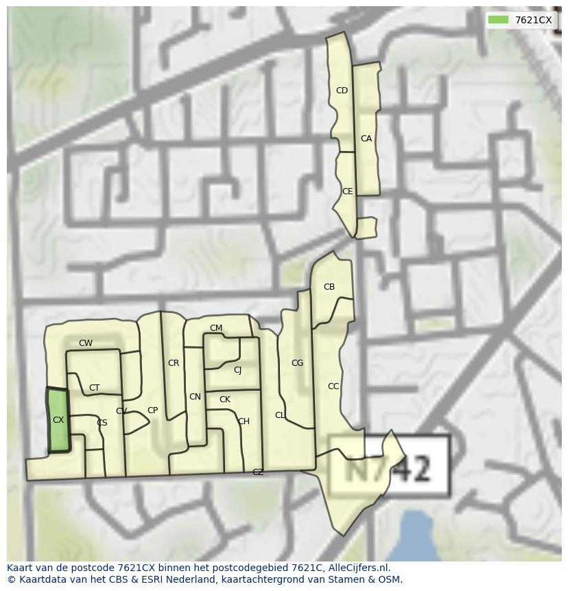 Afbeelding van het postcodegebied 7621 CX op de kaart.
