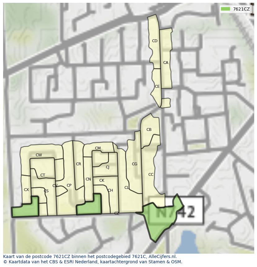 Afbeelding van het postcodegebied 7621 CZ op de kaart.