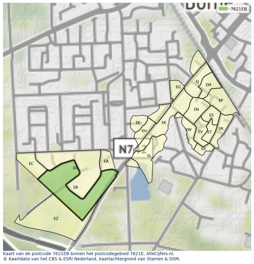 Afbeelding van het postcodegebied 7621 EB op de kaart.