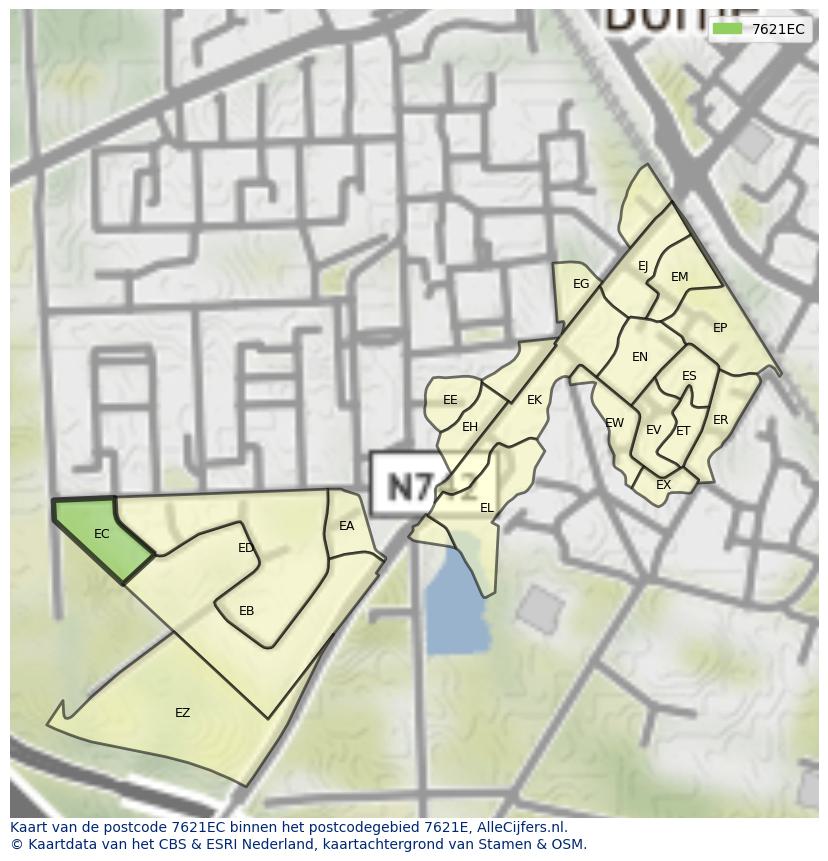 Afbeelding van het postcodegebied 7621 EC op de kaart.