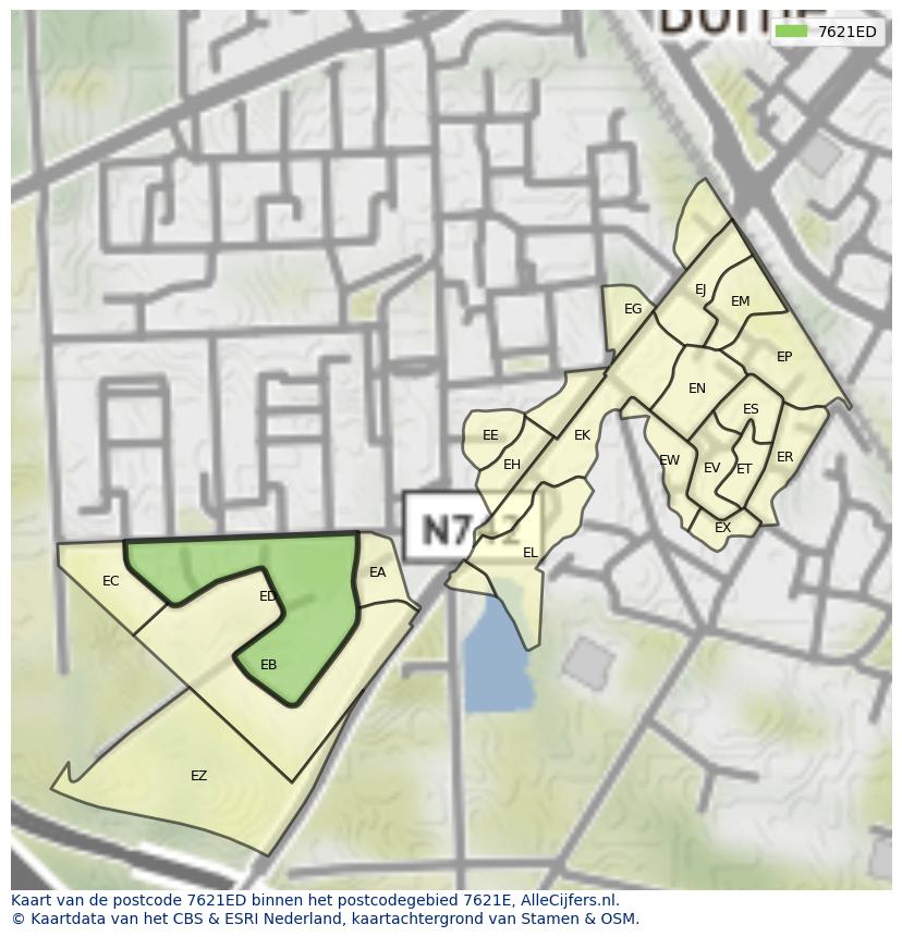 Afbeelding van het postcodegebied 7621 ED op de kaart.