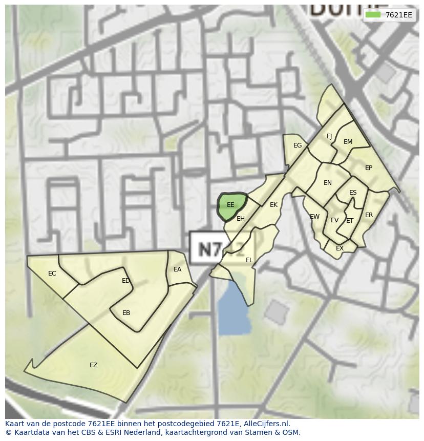 Afbeelding van het postcodegebied 7621 EE op de kaart.