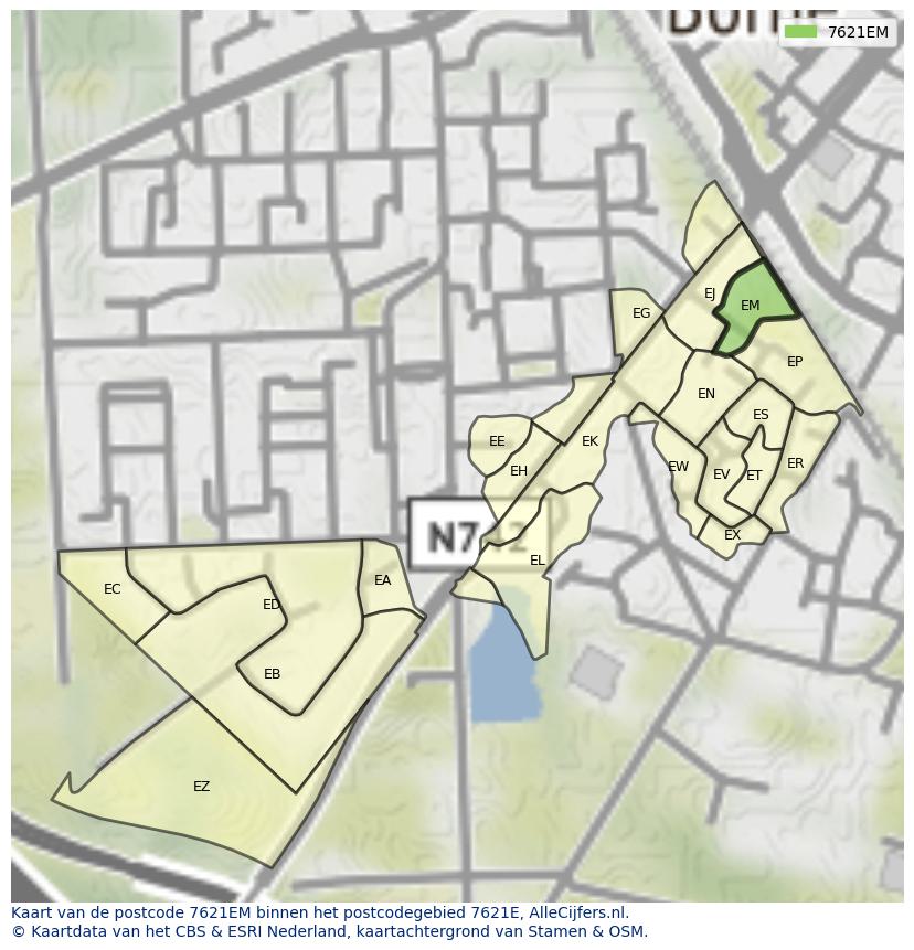 Afbeelding van het postcodegebied 7621 EM op de kaart.