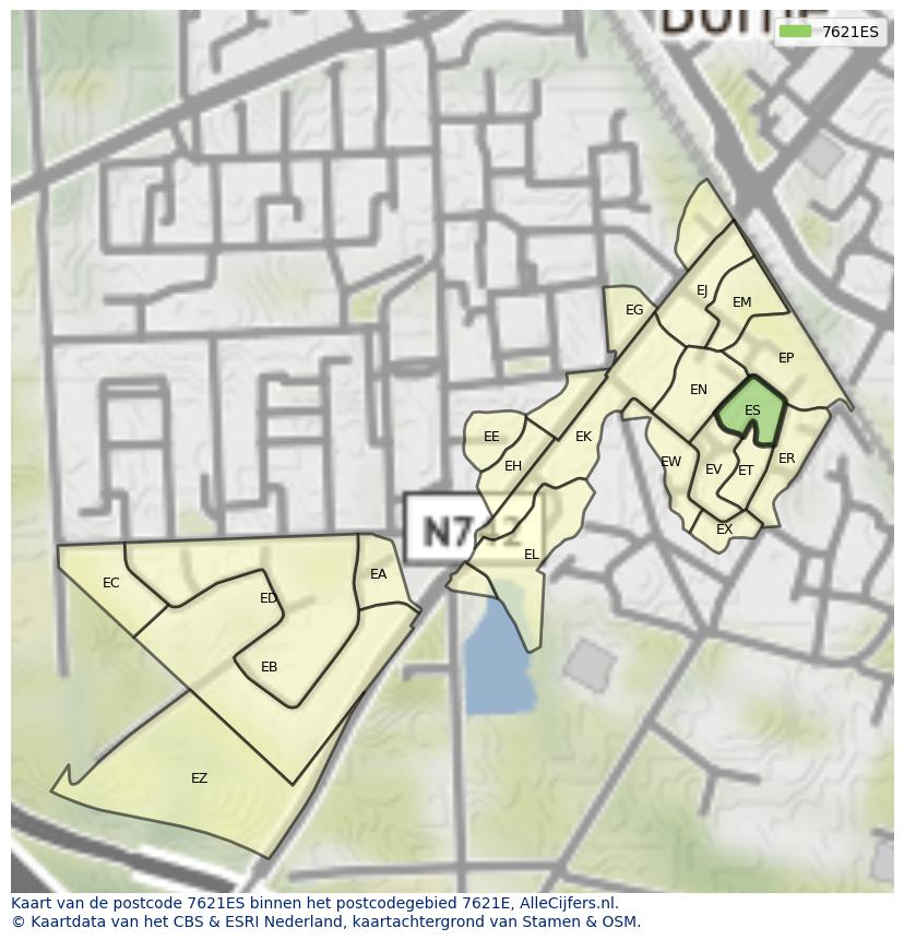 Afbeelding van het postcodegebied 7621 ES op de kaart.