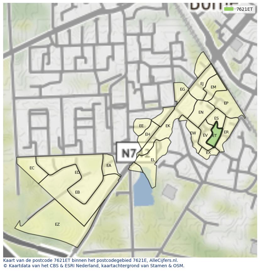 Afbeelding van het postcodegebied 7621 ET op de kaart.