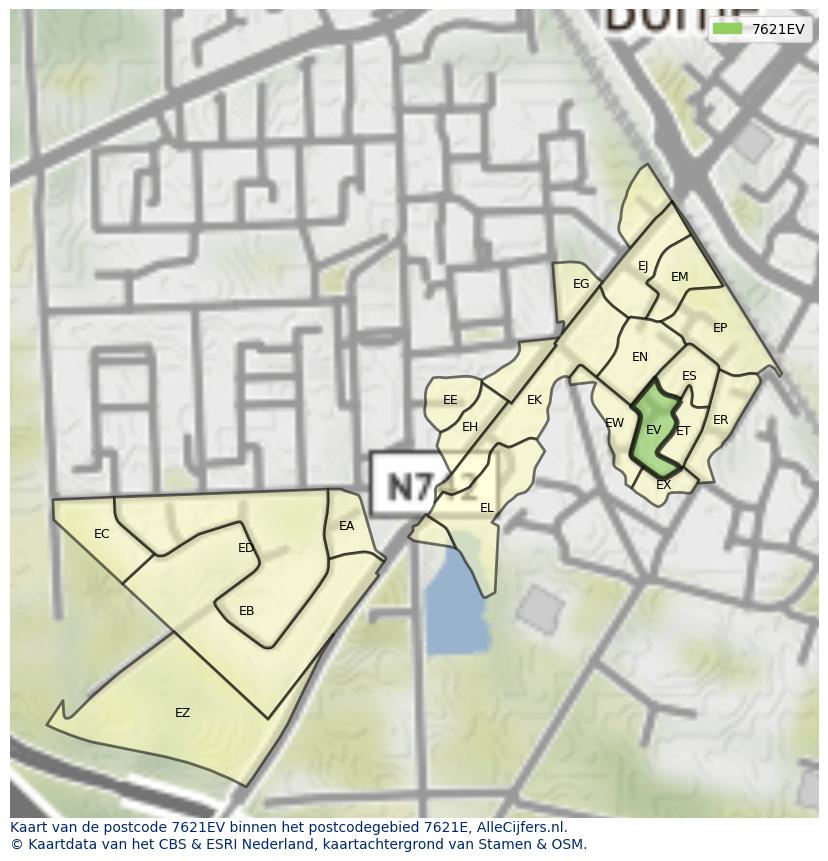Afbeelding van het postcodegebied 7621 EV op de kaart.