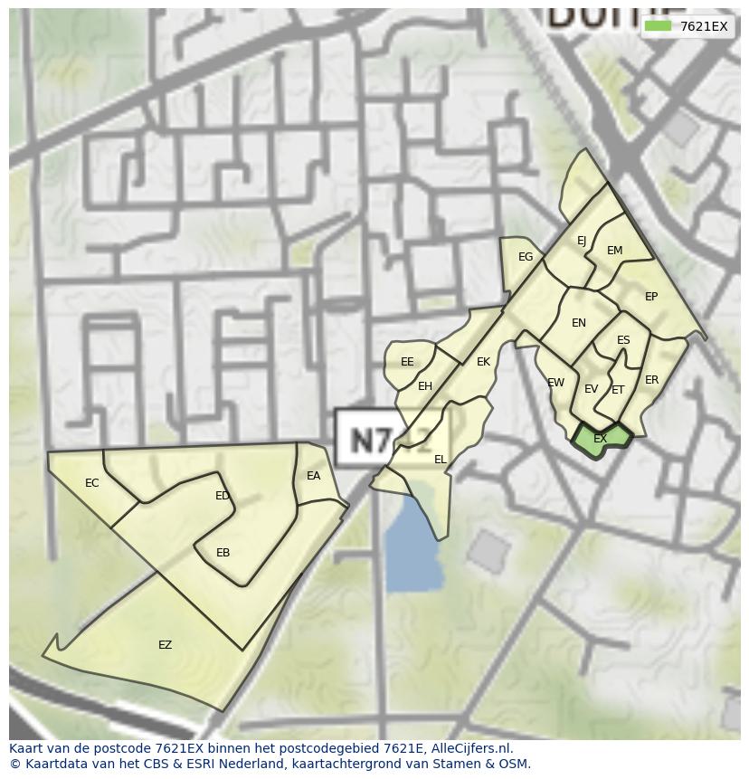 Afbeelding van het postcodegebied 7621 EX op de kaart.