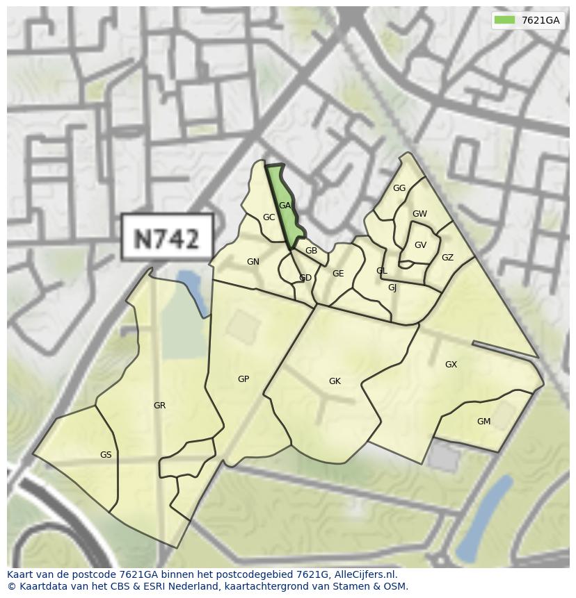 Afbeelding van het postcodegebied 7621 GA op de kaart.