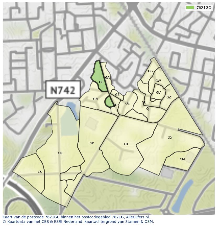 Afbeelding van het postcodegebied 7621 GC op de kaart.