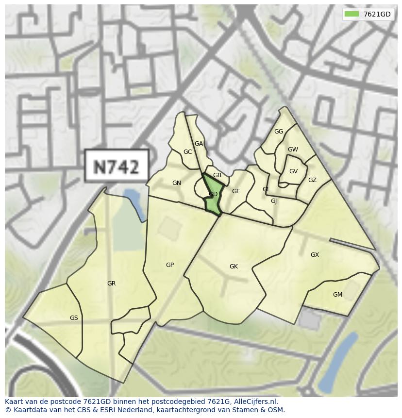 Afbeelding van het postcodegebied 7621 GD op de kaart.