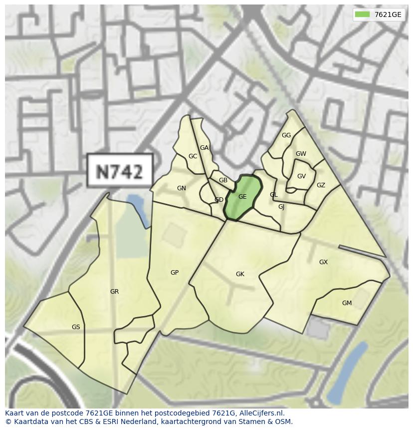 Afbeelding van het postcodegebied 7621 GE op de kaart.