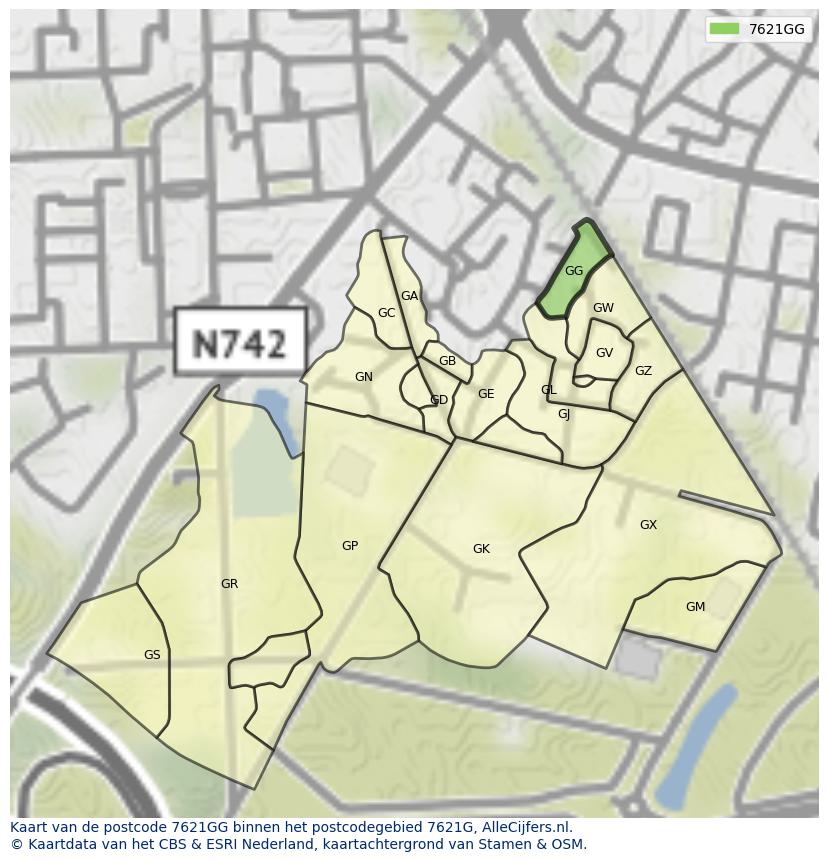 Afbeelding van het postcodegebied 7621 GG op de kaart.