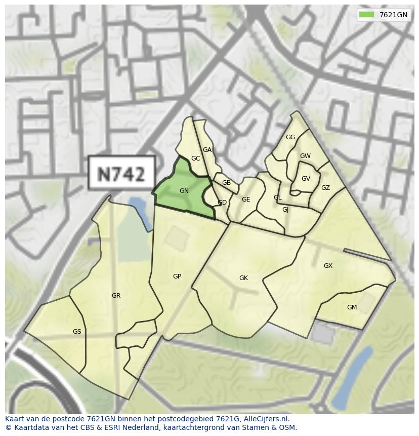 Afbeelding van het postcodegebied 7621 GN op de kaart.