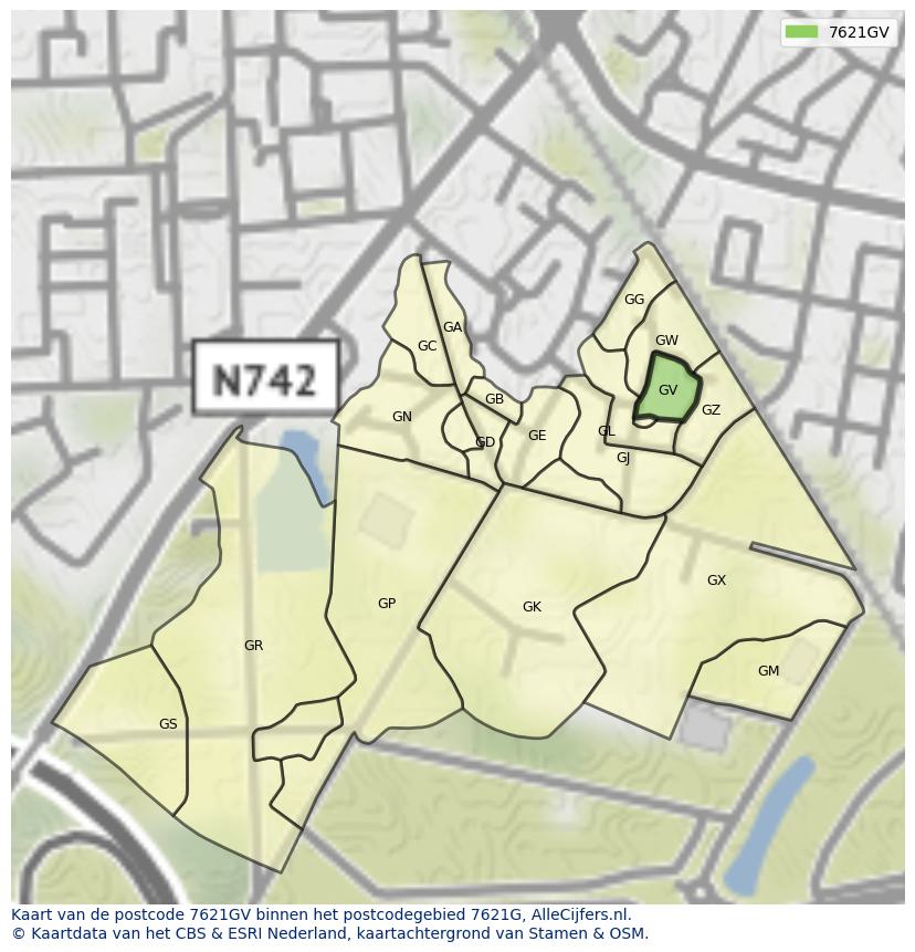 Afbeelding van het postcodegebied 7621 GV op de kaart.
