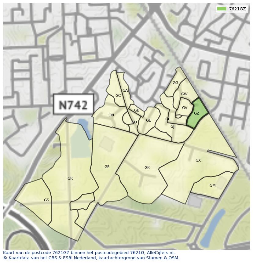 Afbeelding van het postcodegebied 7621 GZ op de kaart.