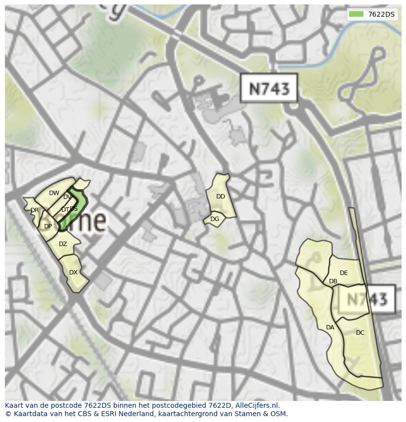 Afbeelding van het postcodegebied 7622 DS op de kaart.