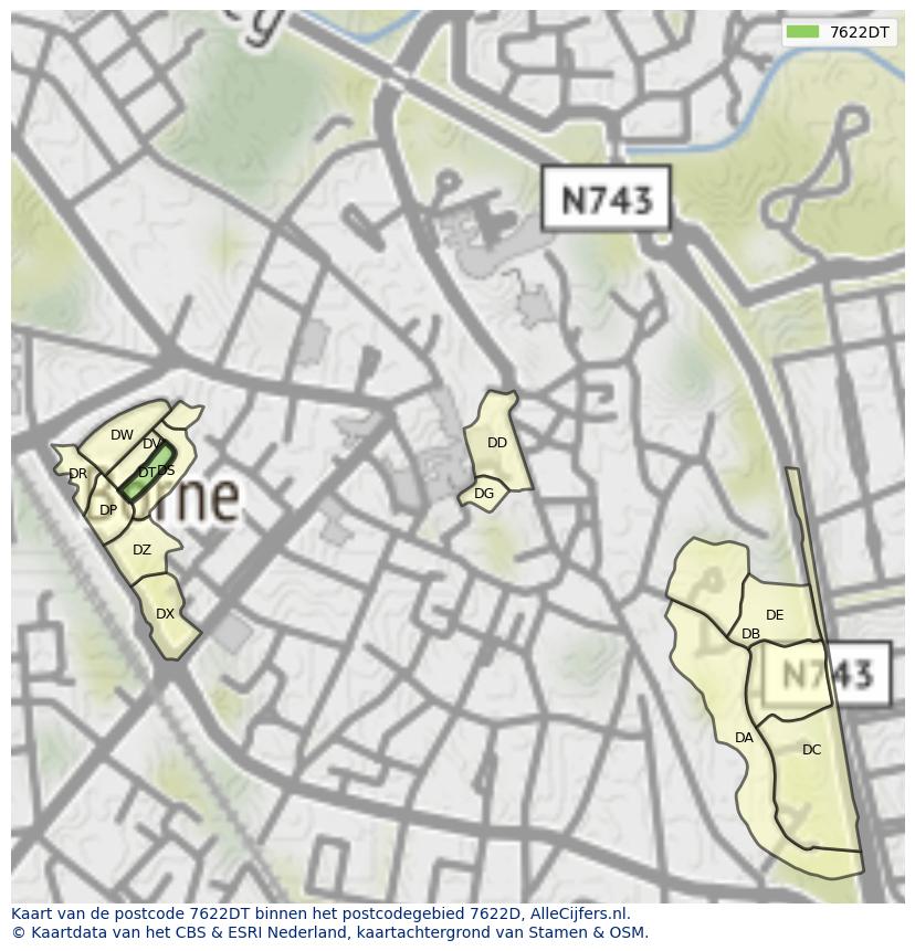 Afbeelding van het postcodegebied 7622 DT op de kaart.