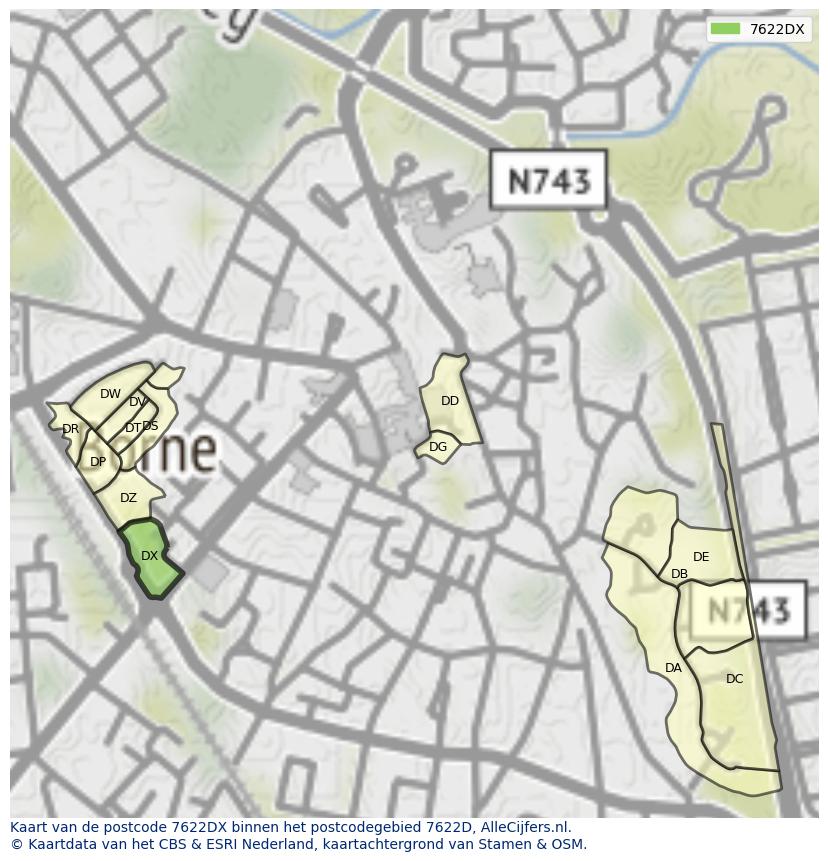 Afbeelding van het postcodegebied 7622 DX op de kaart.