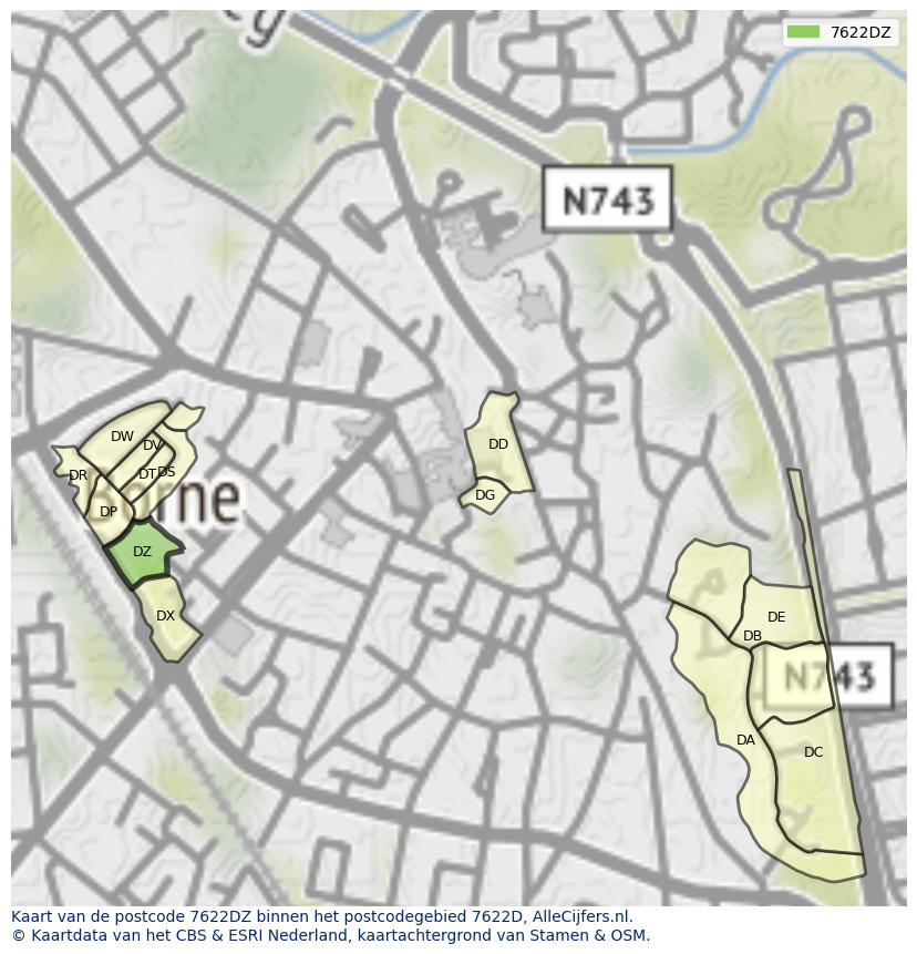 Afbeelding van het postcodegebied 7622 DZ op de kaart.
