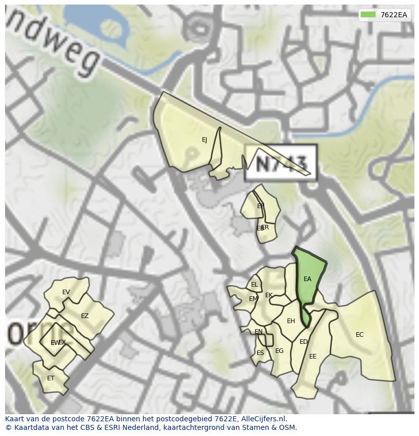 Afbeelding van het postcodegebied 7622 EA op de kaart.