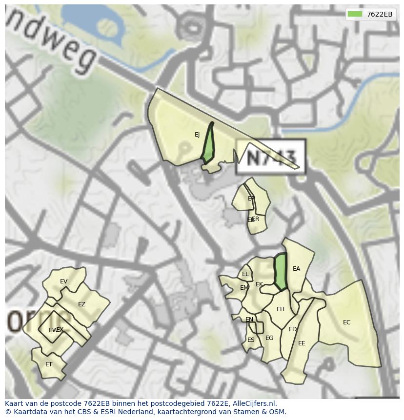 Afbeelding van het postcodegebied 7622 EB op de kaart.