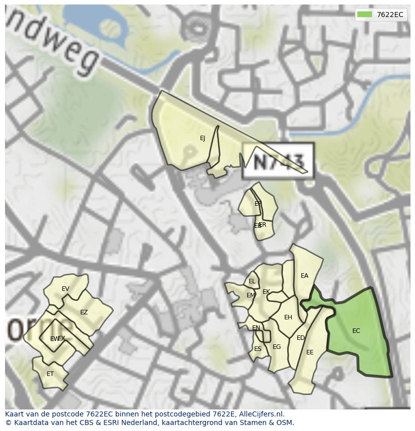 Afbeelding van het postcodegebied 7622 EC op de kaart.