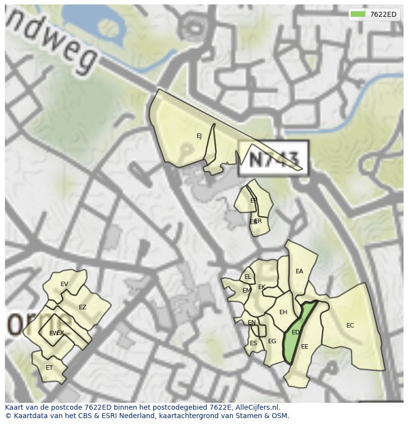 Afbeelding van het postcodegebied 7622 ED op de kaart.