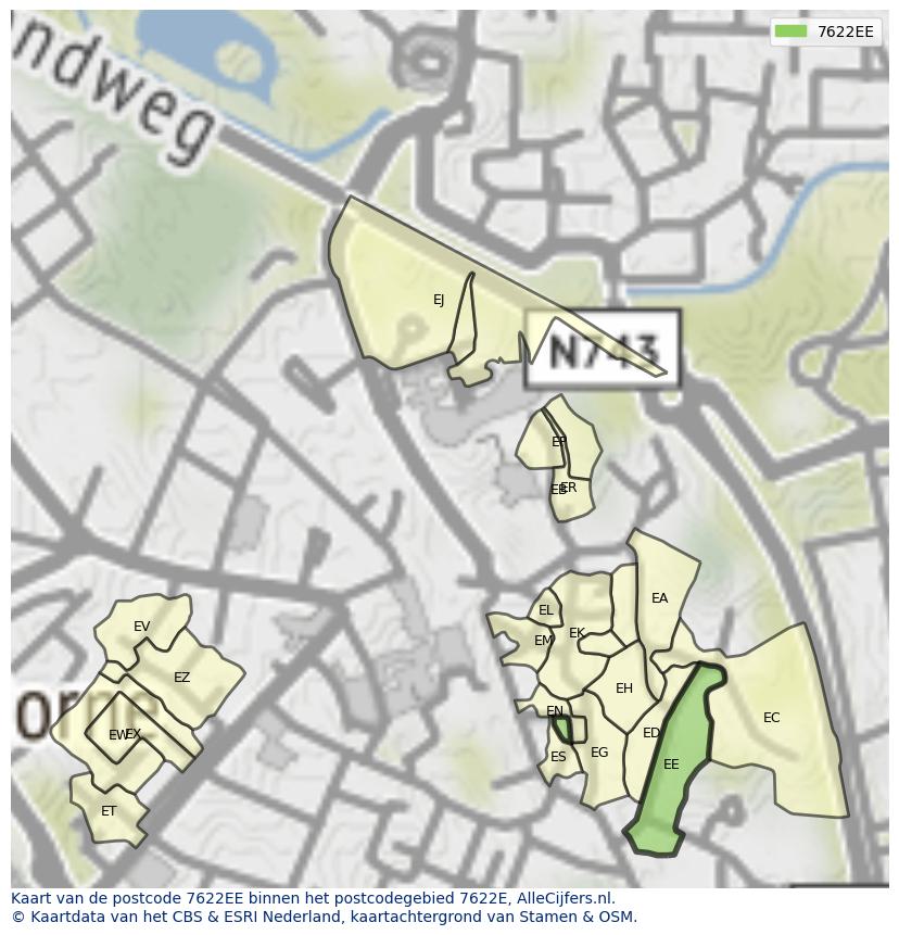 Afbeelding van het postcodegebied 7622 EE op de kaart.