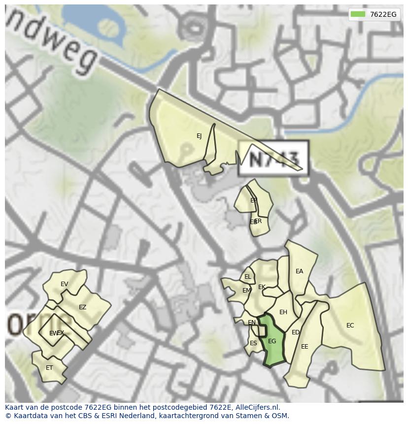 Afbeelding van het postcodegebied 7622 EG op de kaart.
