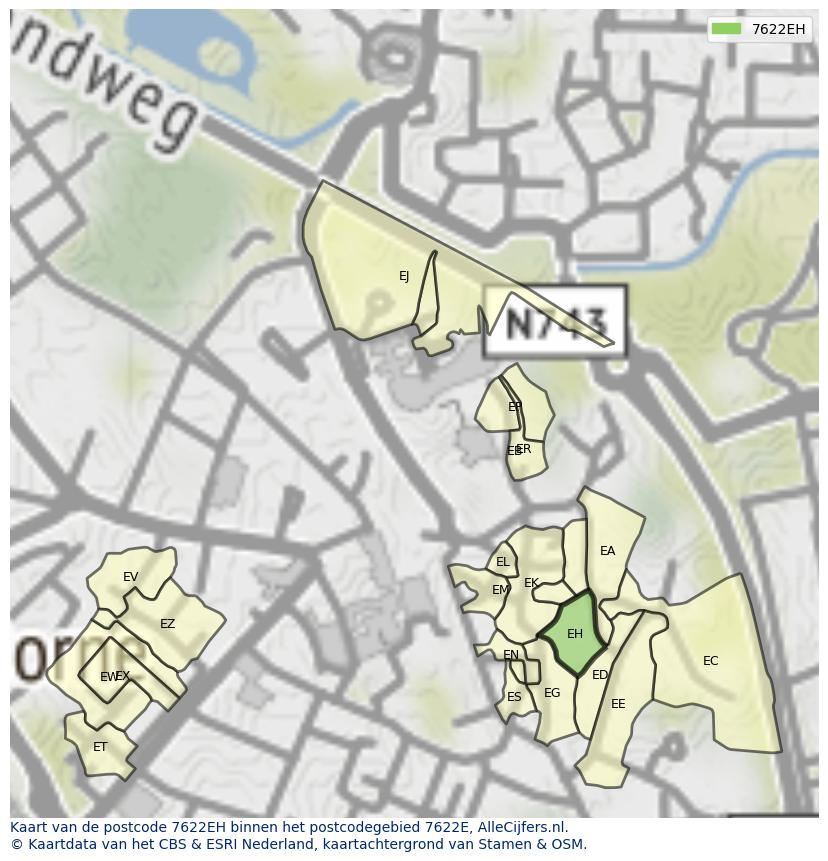 Afbeelding van het postcodegebied 7622 EH op de kaart.