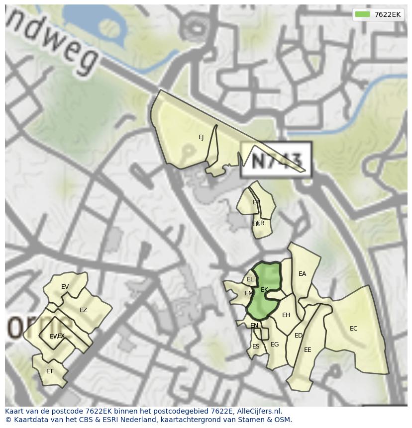 Afbeelding van het postcodegebied 7622 EK op de kaart.