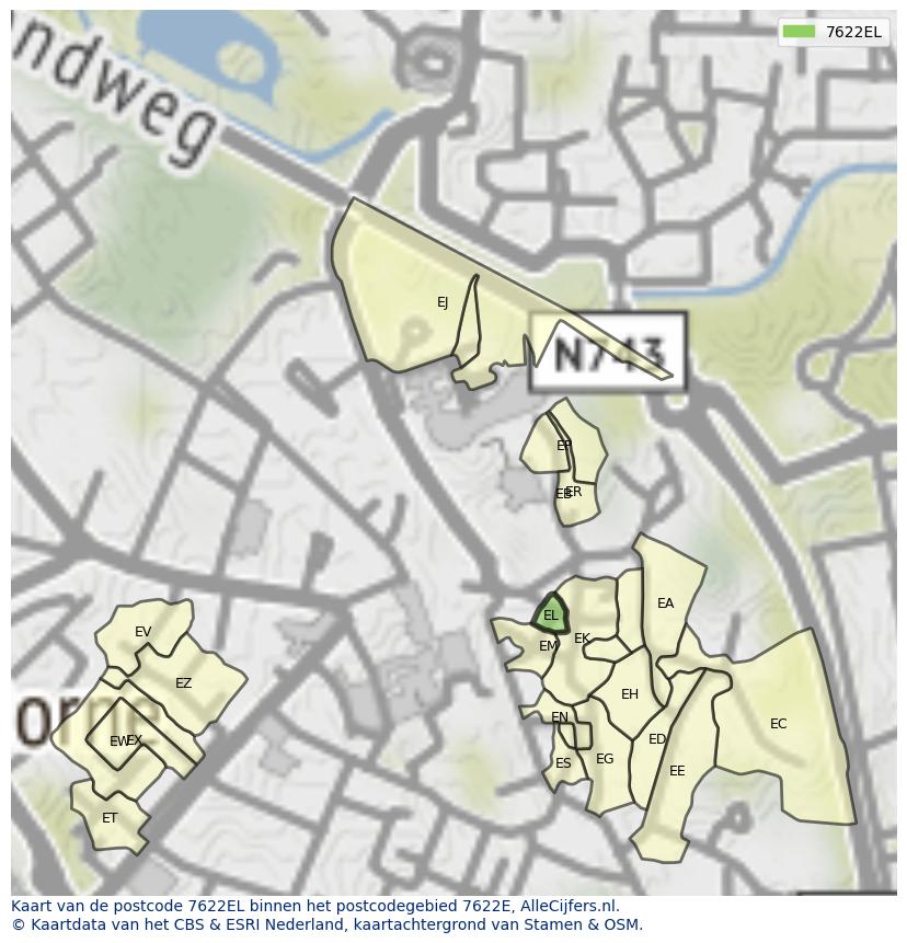 Afbeelding van het postcodegebied 7622 EL op de kaart.