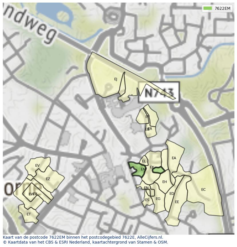 Afbeelding van het postcodegebied 7622 EM op de kaart.