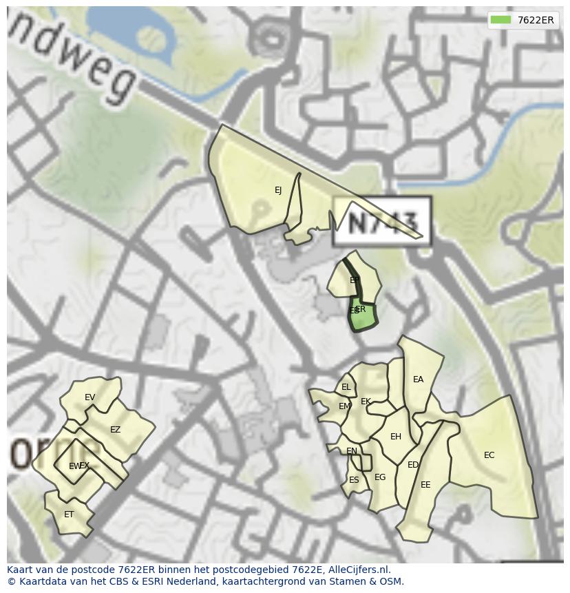Afbeelding van het postcodegebied 7622 ER op de kaart.