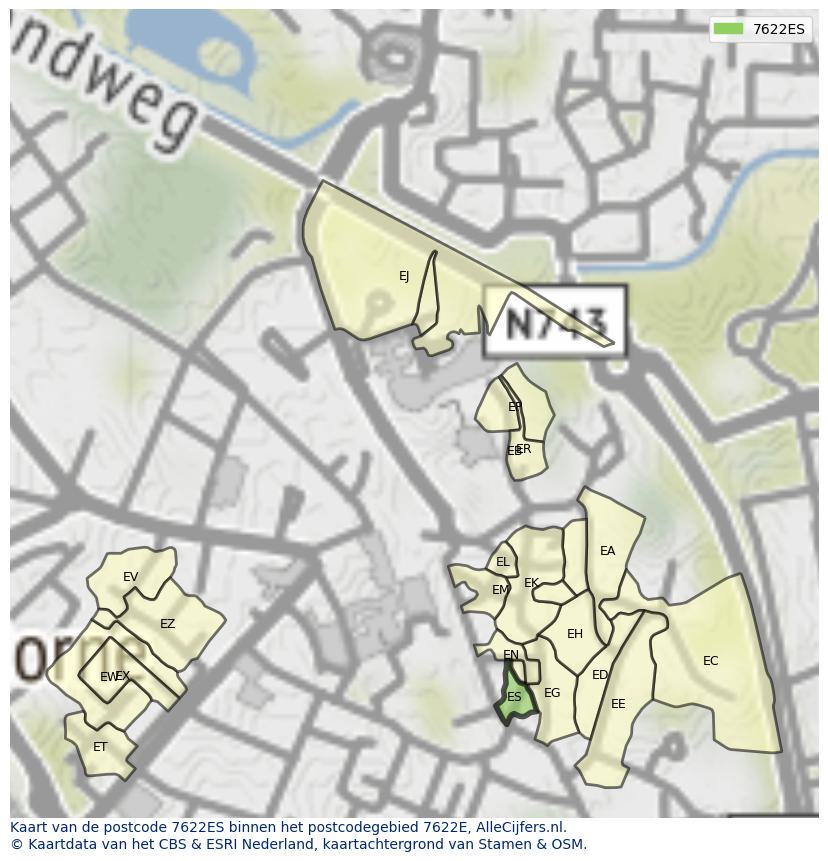 Afbeelding van het postcodegebied 7622 ES op de kaart.