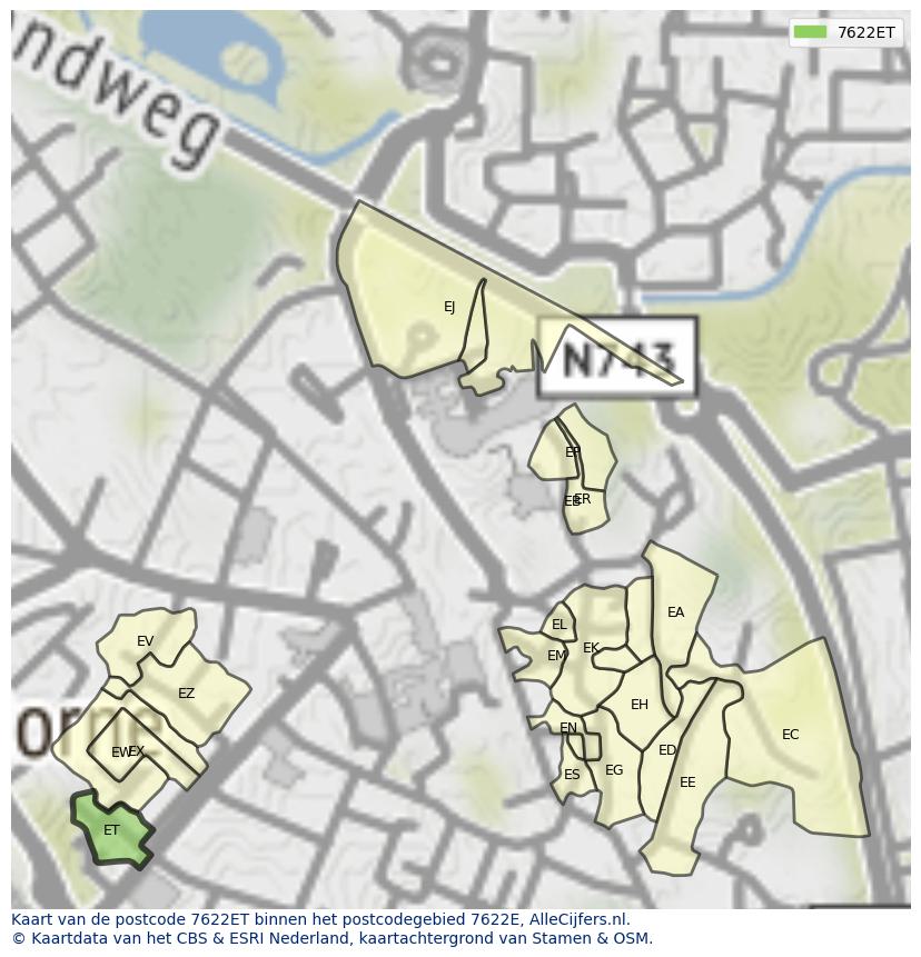 Afbeelding van het postcodegebied 7622 ET op de kaart.