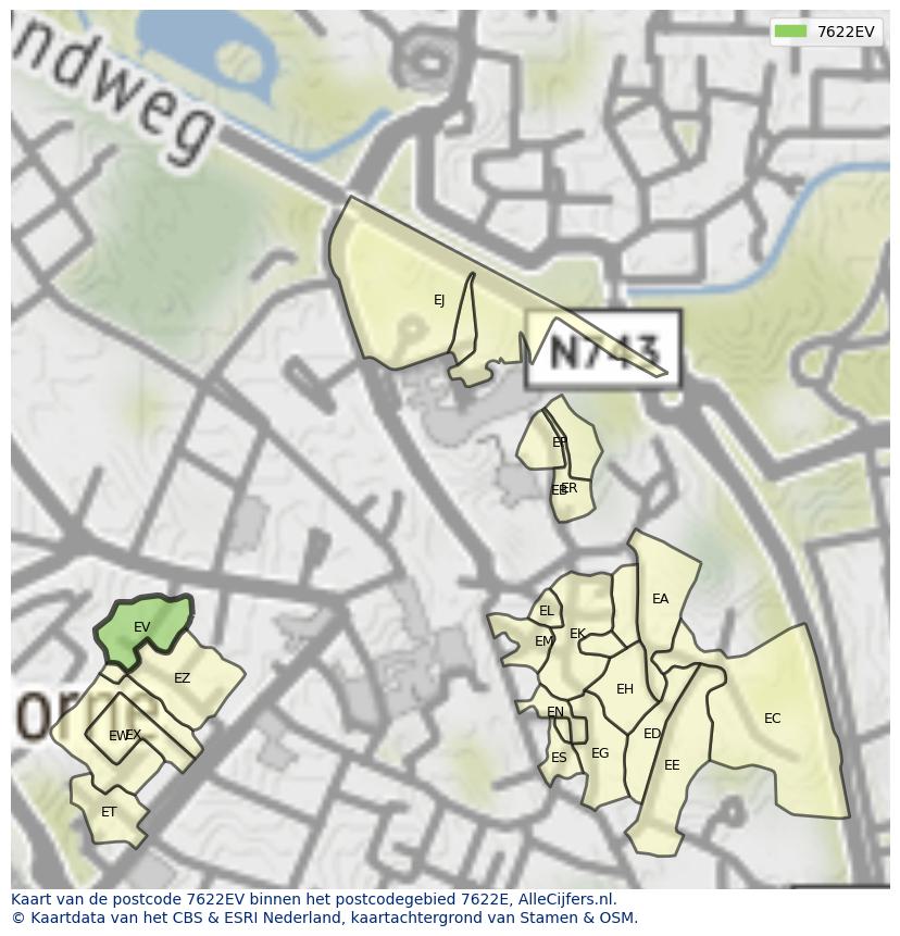 Afbeelding van het postcodegebied 7622 EV op de kaart.