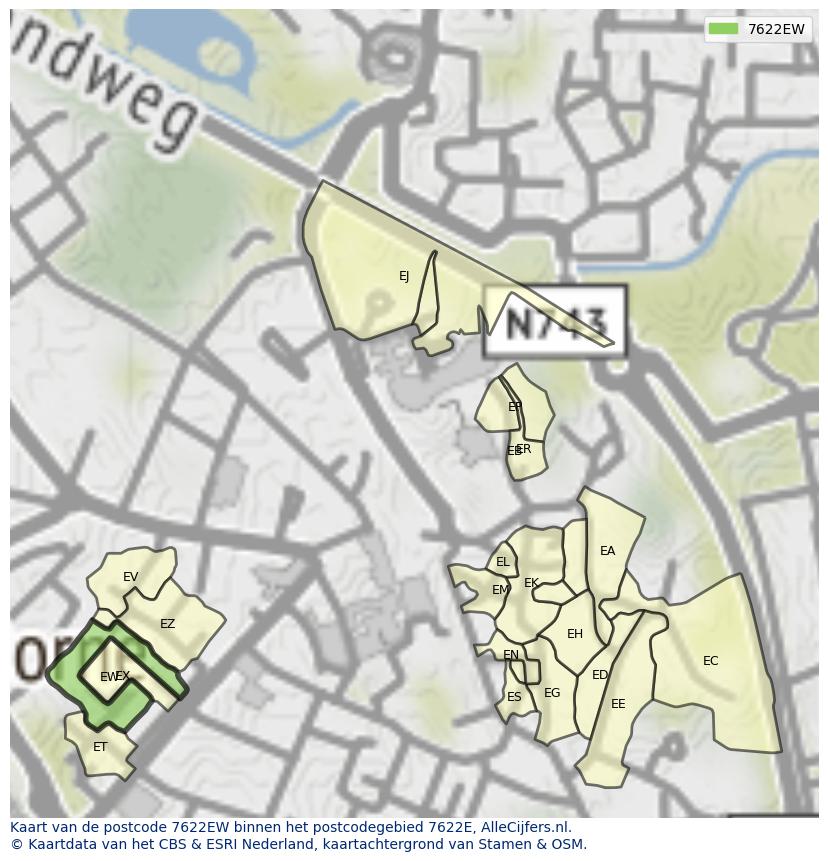 Afbeelding van het postcodegebied 7622 EW op de kaart.